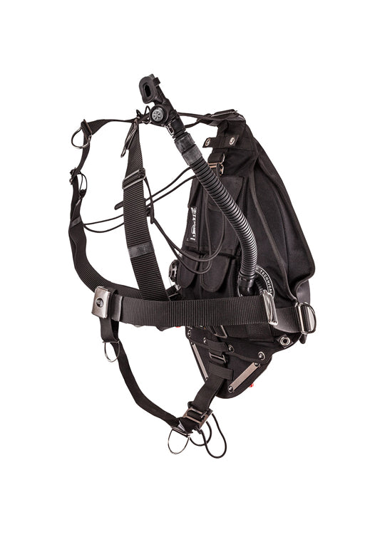Tecline Side 16 Avenger sidemount BCD in black, back view of the flat bladder