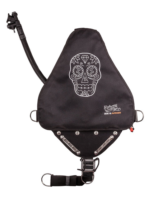 Tecline Side 16 Avenger Maya sidemount BCD, back view with the white calavera skull design