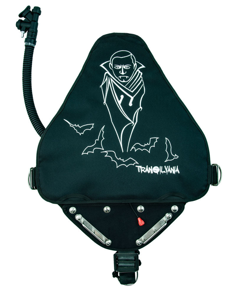 Tecline Side 16 Avenger Transilvania sidemount BCD, back view with the teal vampire print