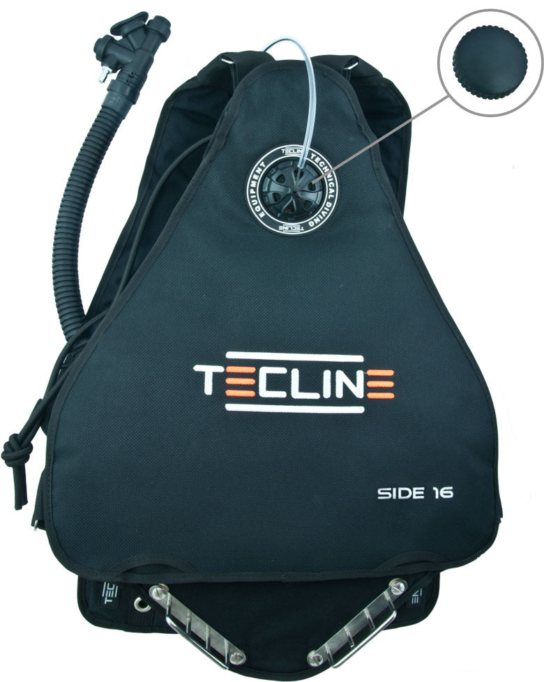 Tecline Side 16 sidemount BCD in black, back view with the dump valve detail inset