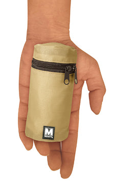Foldable nylon backpack packed into its small pouch, held in the hand