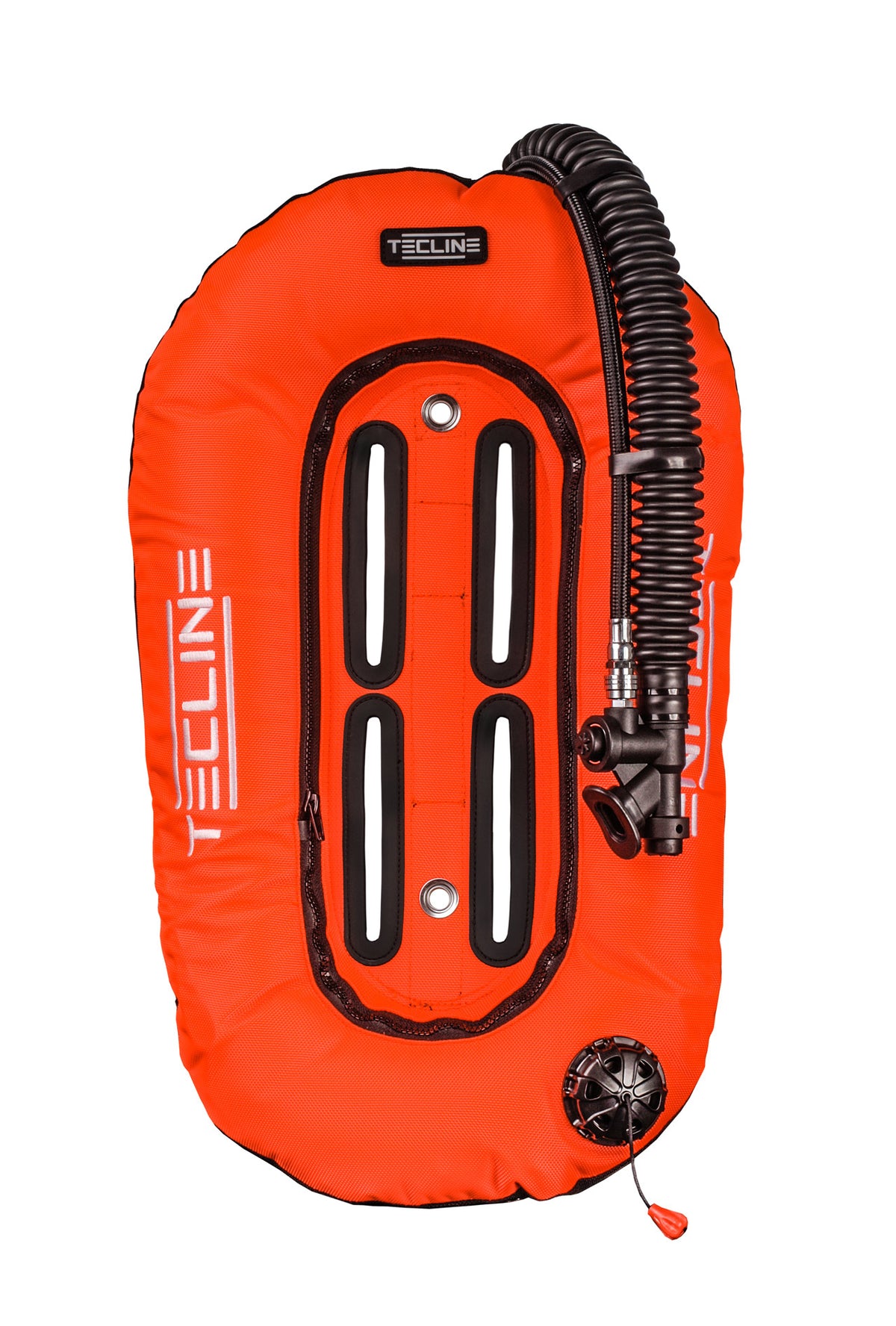 Tecline Donut 10 wing in black, front view with the inflator and tank band slots