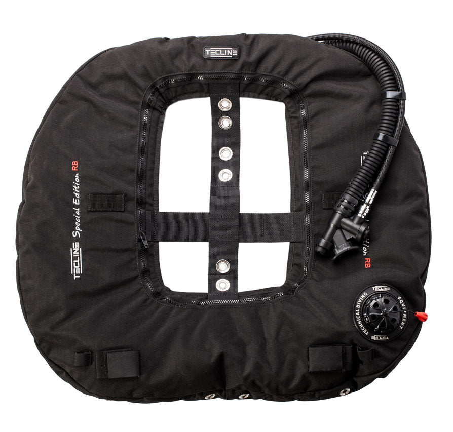 Tecline Donut 22 Special Edition Rebreather II wing in black, front view with the inflator