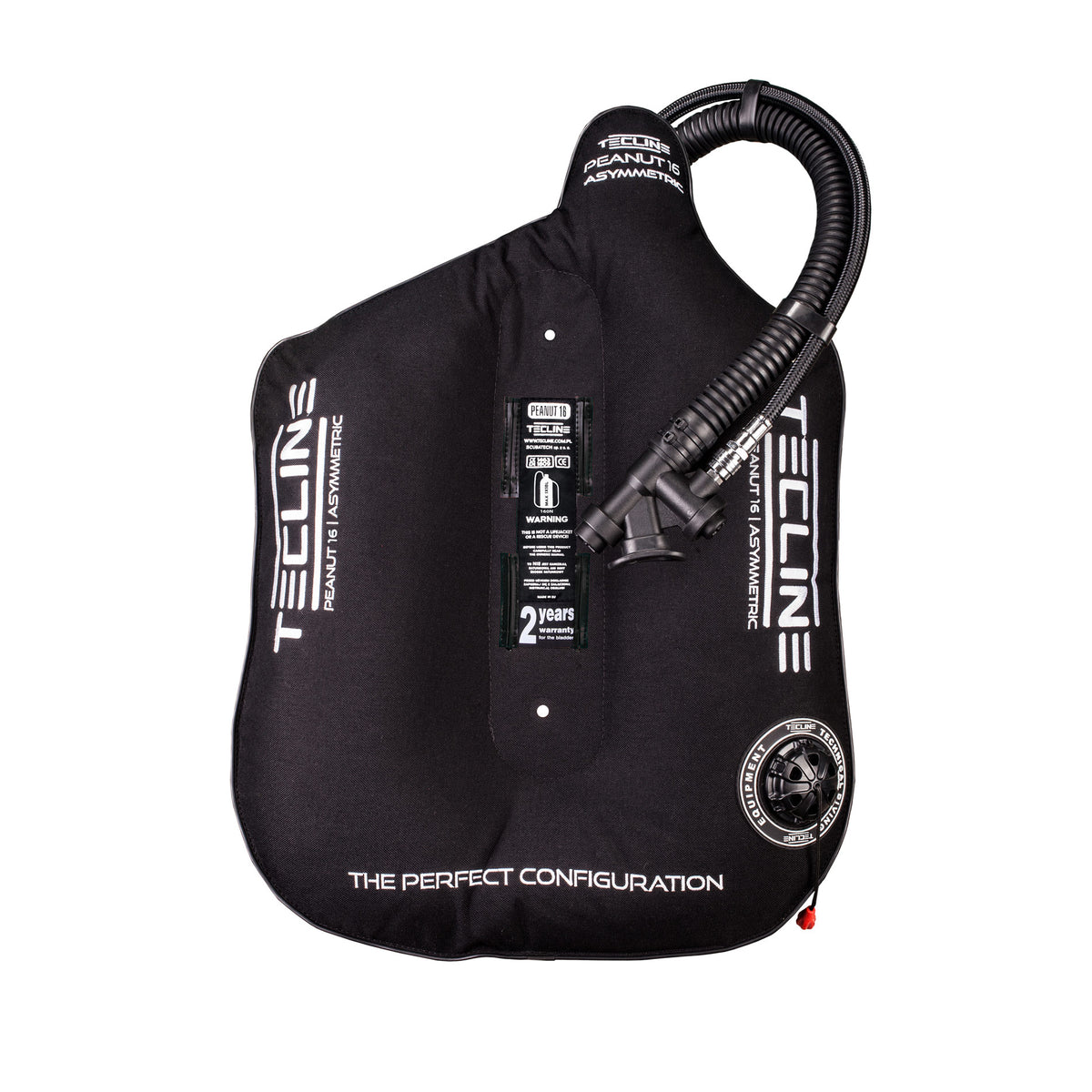 Tecline Peanut 16 asymmetric wing in black, front view with the inflator
