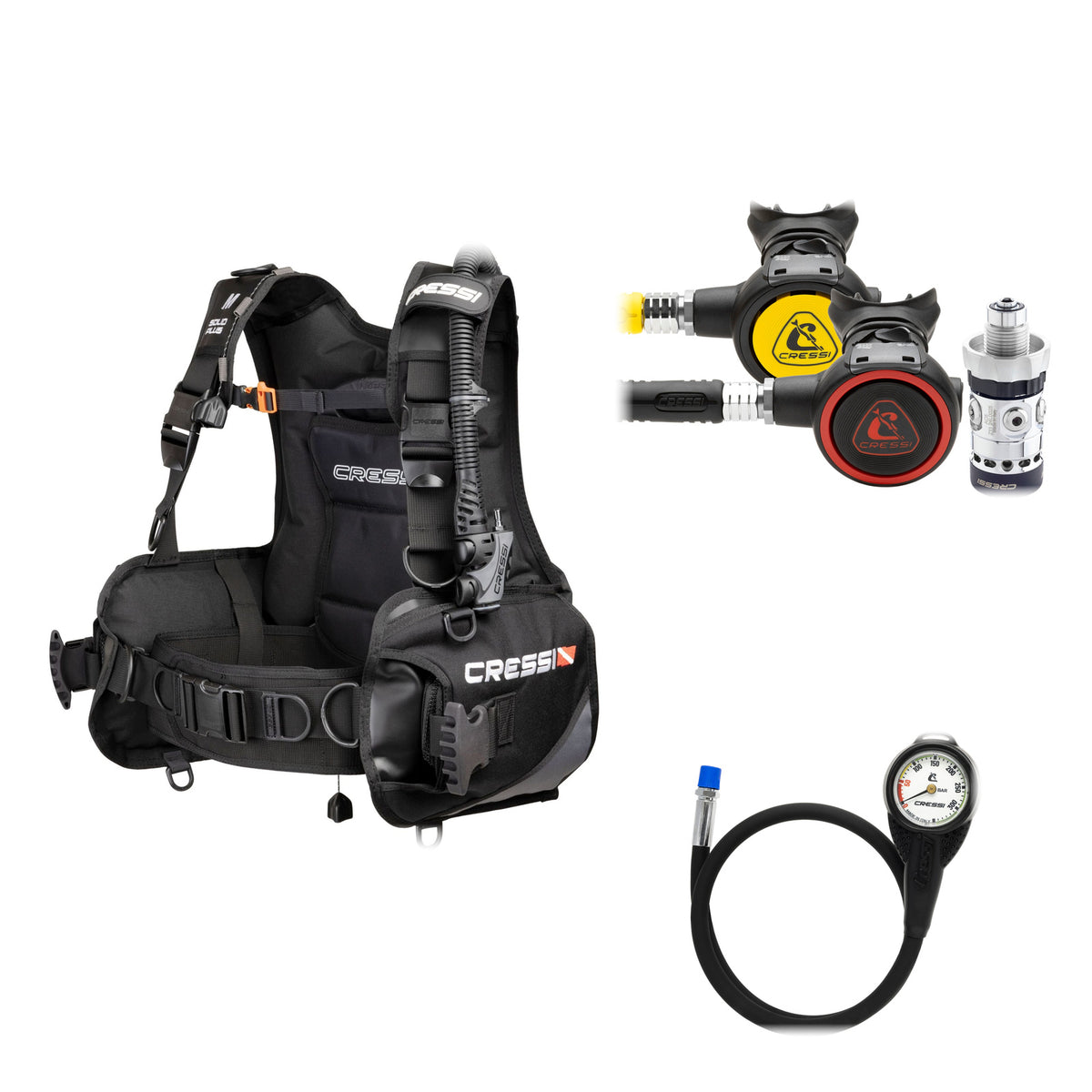 Cressi Solid Plus BCD in black with the set's regulator, yellow octopus and mini pressure gauge