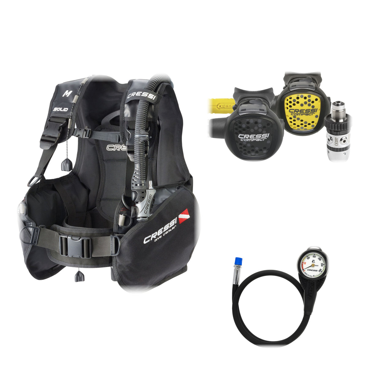 Cressi Solid BCD in black, AC2 regulator with black Compact second stage and yellow Compact octopus, and mini pressure gauge