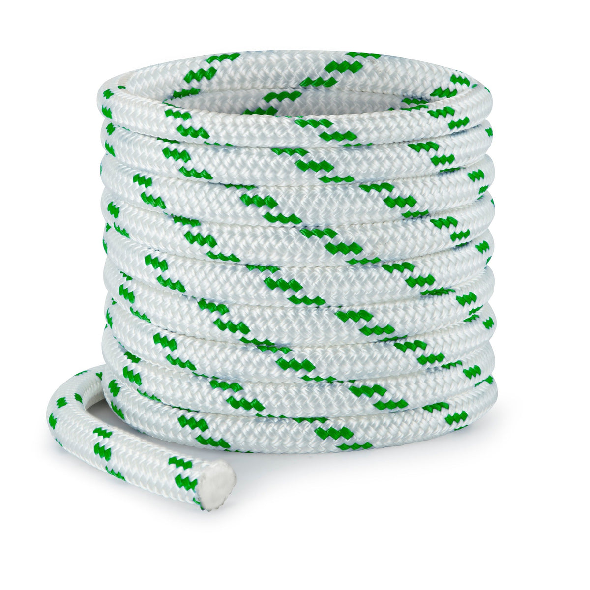 Southern Ropes 8 mm yacht braid in white with a green marker, coiled
