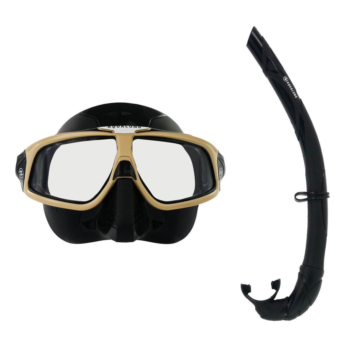 Aqua Lung Sphera X mask in black and sand, and Wrap snorkel in black