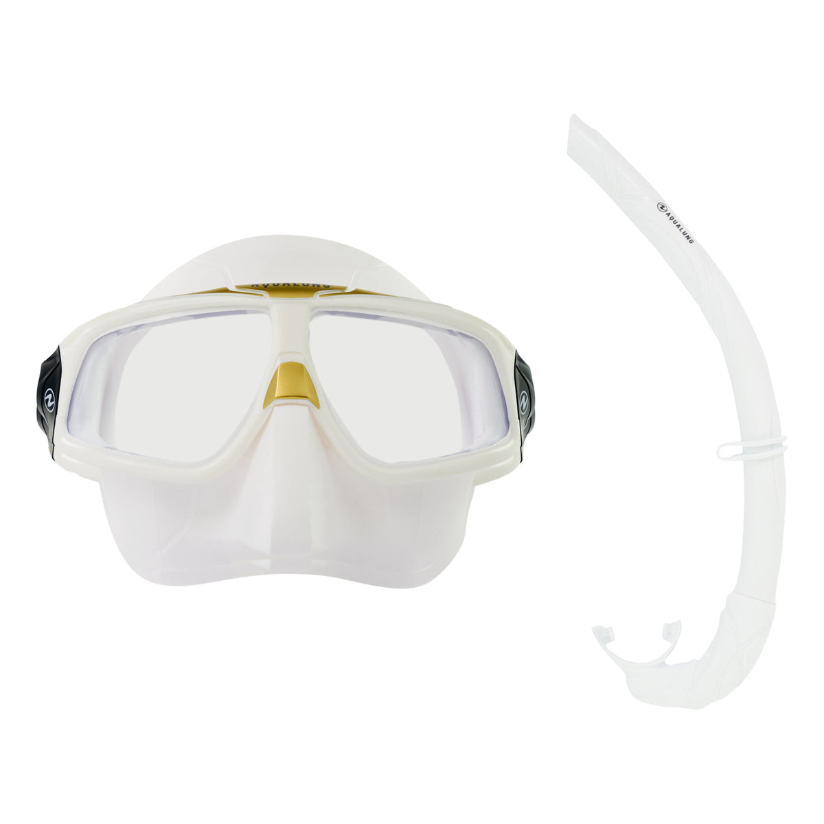 Aqua Lung Sphera X mask in white and gold with a blue mirror lens, and Wrap snorkel in white