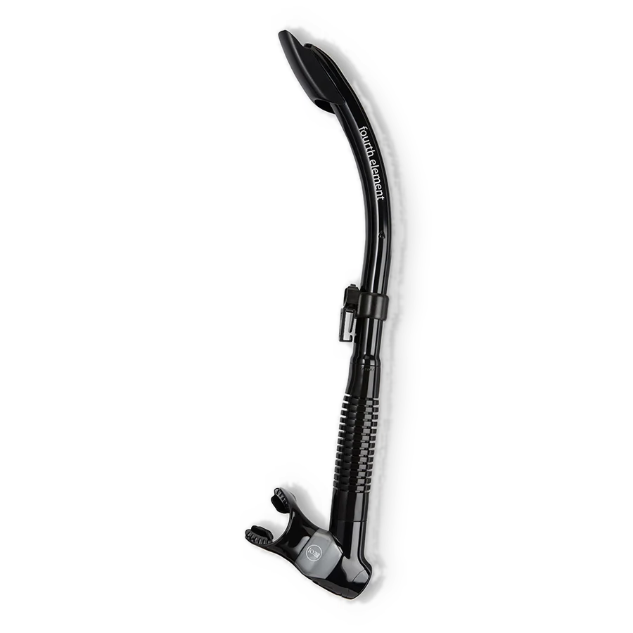 Fourth Element Splash snorkel in black, shown in profile with the splash guard and corrugated lower section