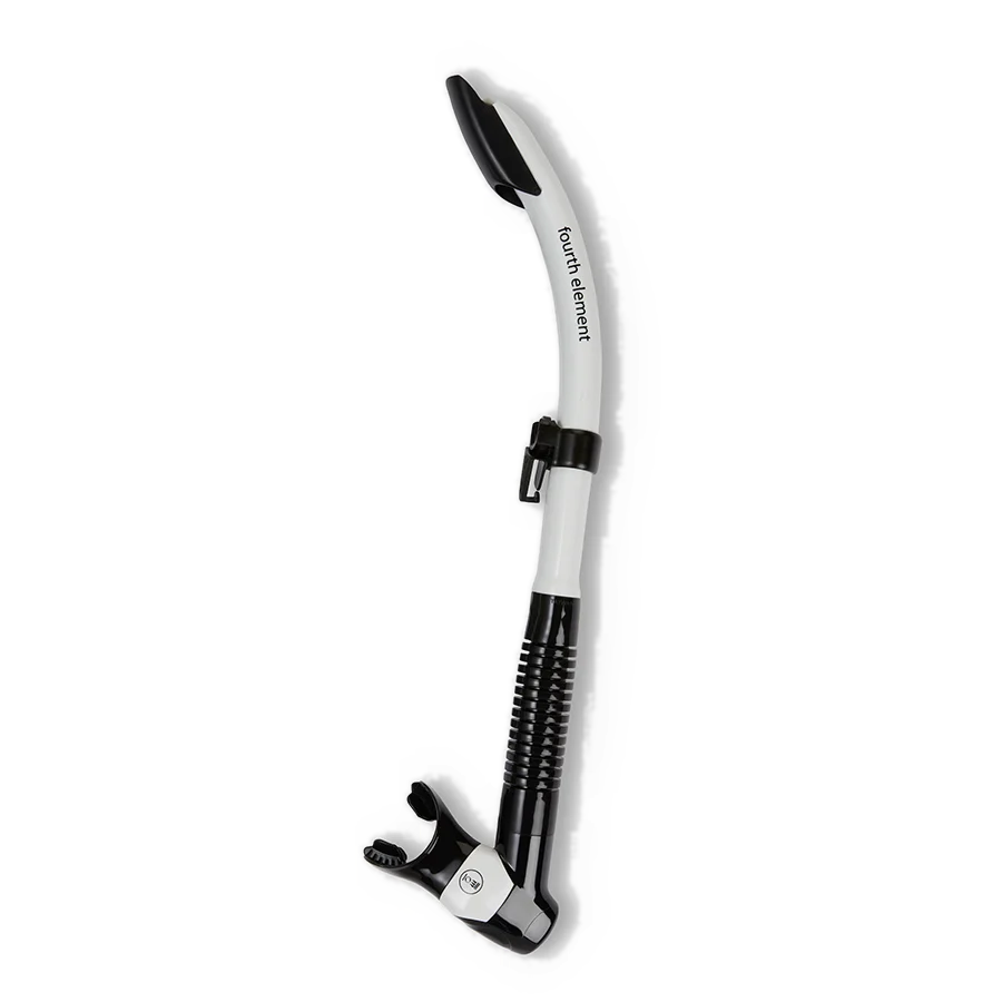 Fourth Element Splash snorkel in black, shown in profile with the splash guard and corrugated lower section