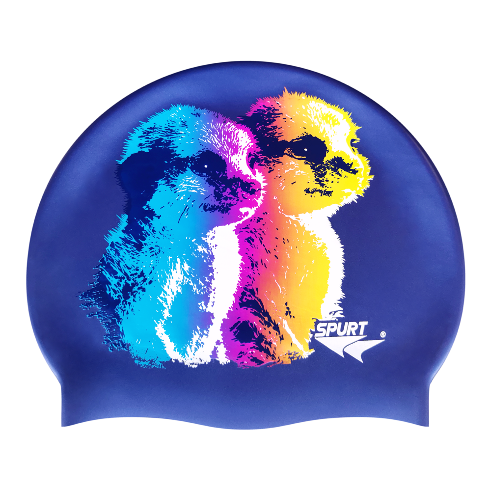 Spurt animal printed silicone swim cap, Baby Meerkats on Metallic Navy