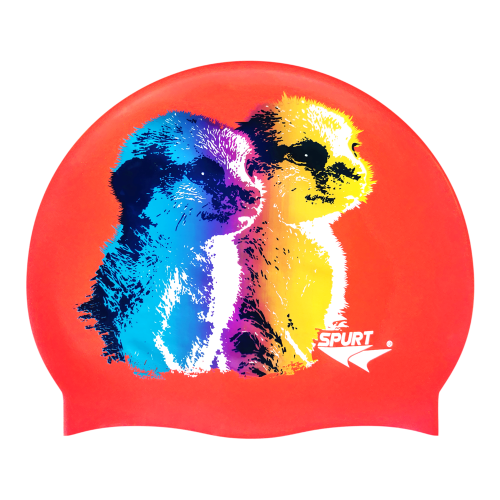 Spurt animal printed silicone swim cap, Baby Meerkats on Metallic Navy