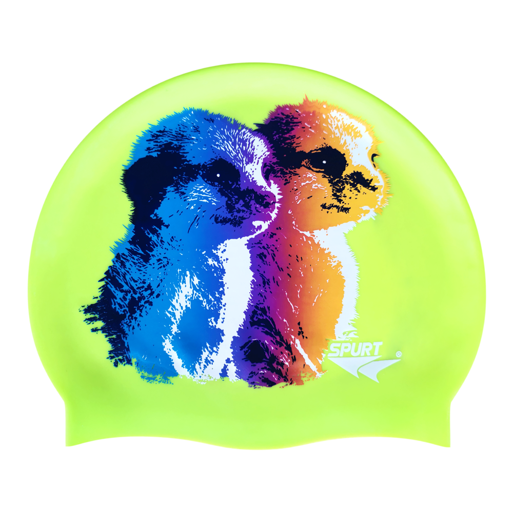 Spurt animal printed silicone swim cap, Baby Meerkats on Metallic Navy