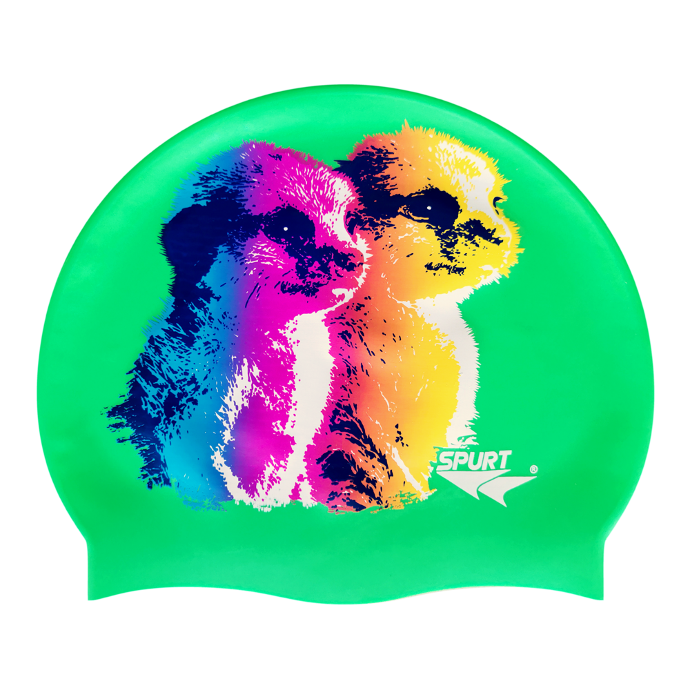 Spurt animal printed silicone swim cap, Baby Meerkats on Metallic Navy