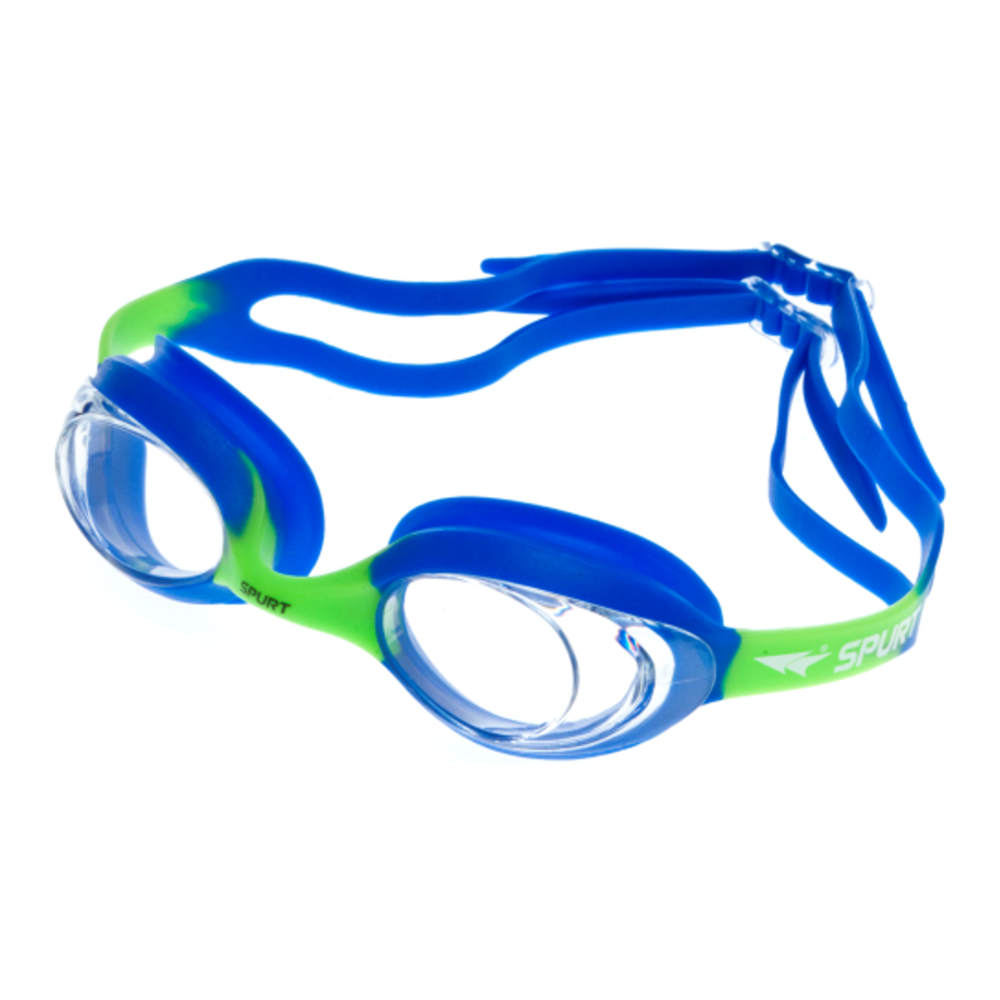 Spurt blaze junior goggles, dark blue and bright green frame with clear lens