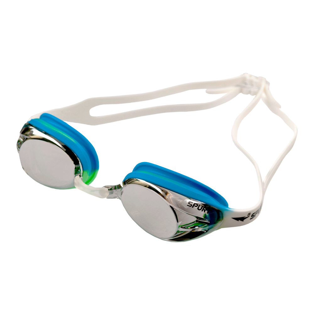 Spurt crush goggles, white, bright green and light blue frame with mirror silver lens
