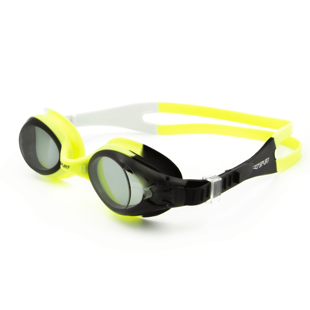 Spurt flow goggles, neon yellow, black and white frame with smoke lens