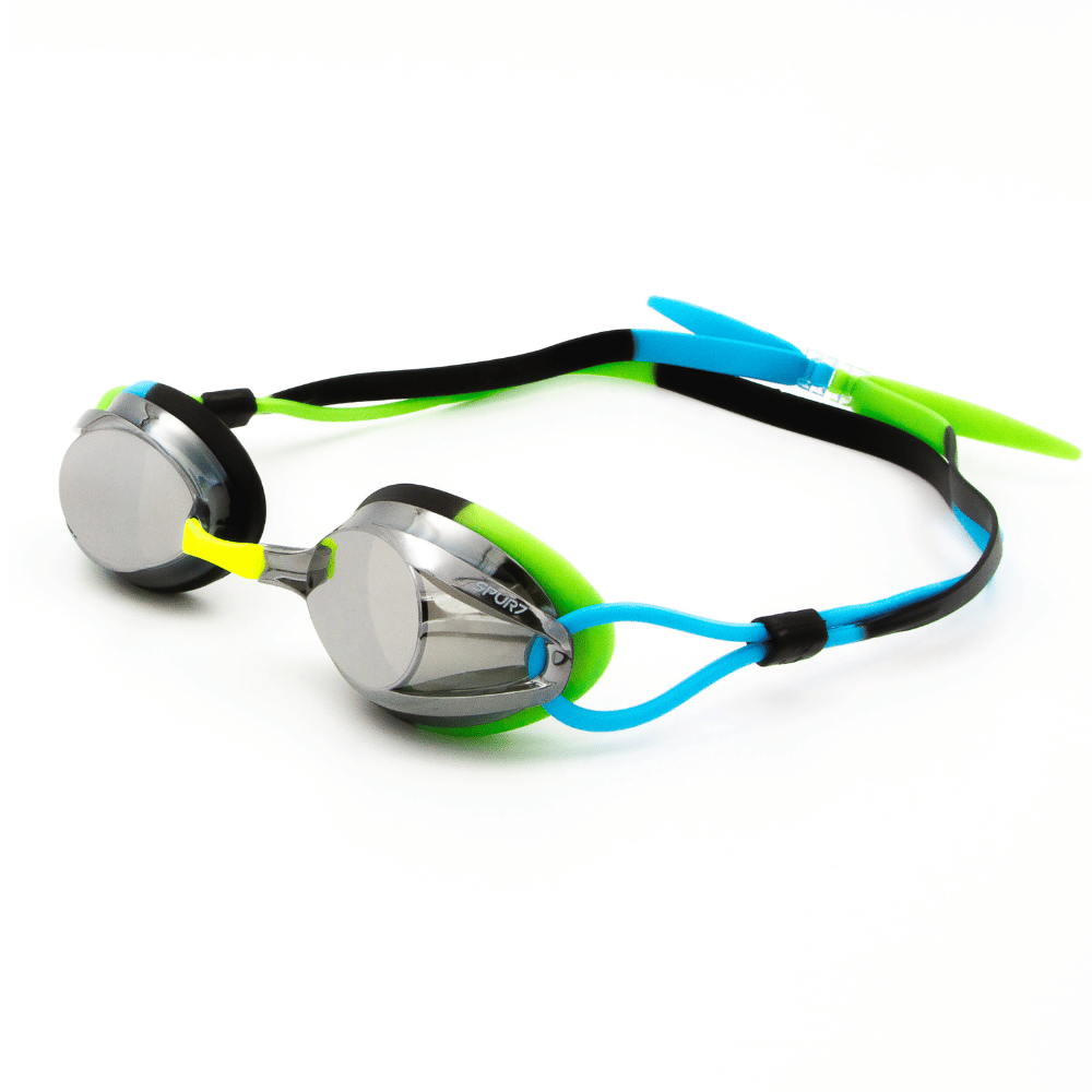Spurt hydro goggles, black, neon yellow, green, sky blue and smoke black frame with mirror silver lens