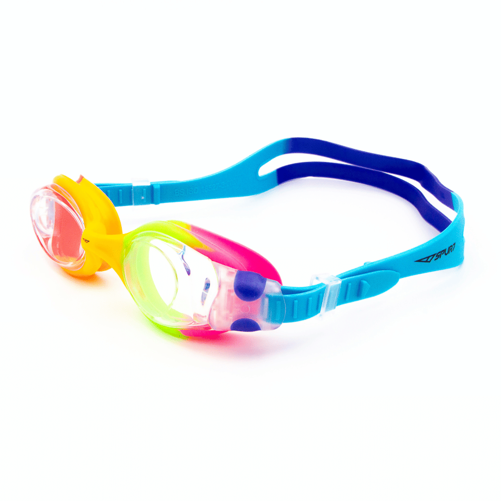 Spurt jellyfish goggles, red, orange, yellow, neon green, light pink, blue violet and sky blue frame with clear lens