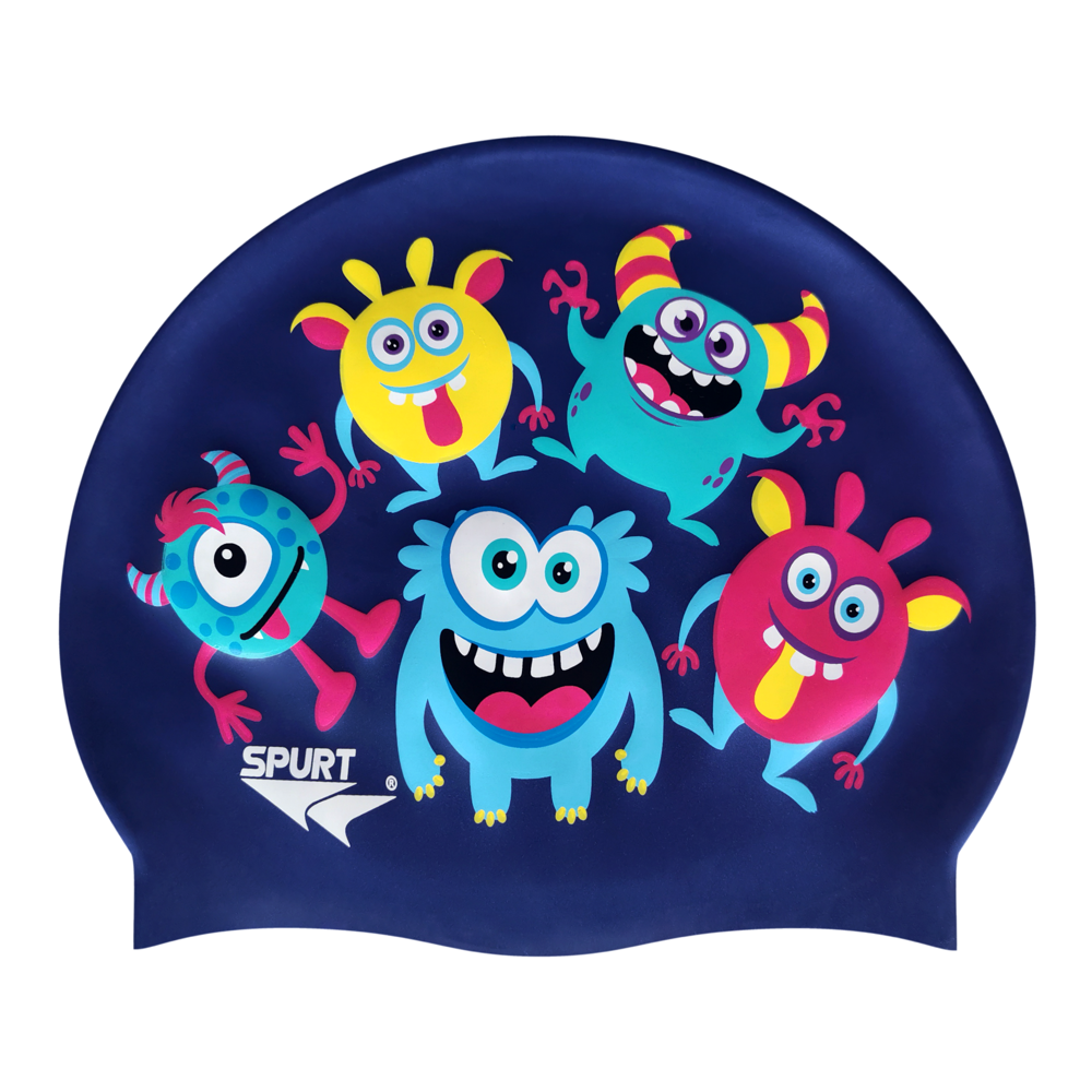 Spurt junior printed silicone swim cap, Cute Monsters on Sunflower Yellow
