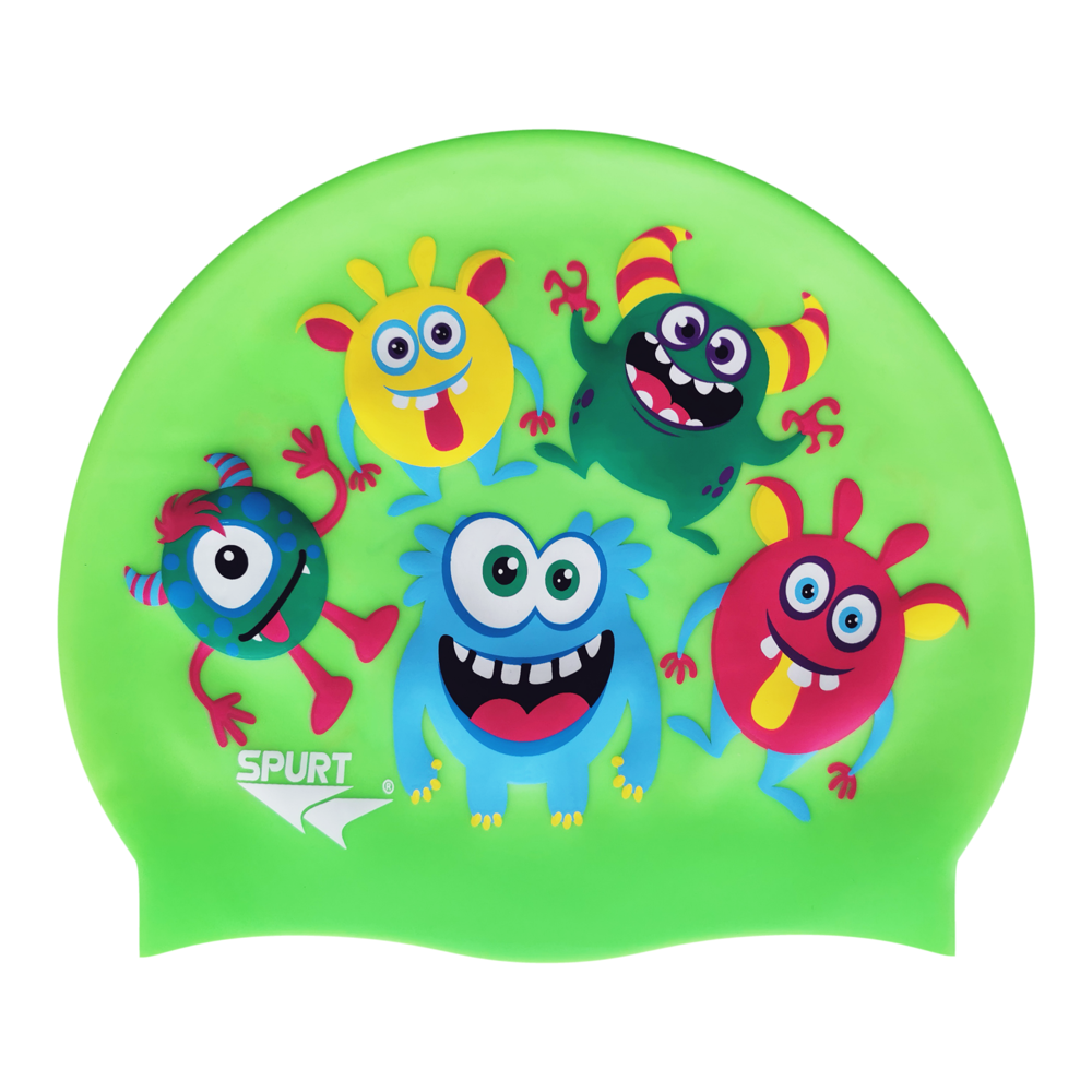 Spurt junior printed silicone swim cap, Cute Monsters on Sunflower Yellow