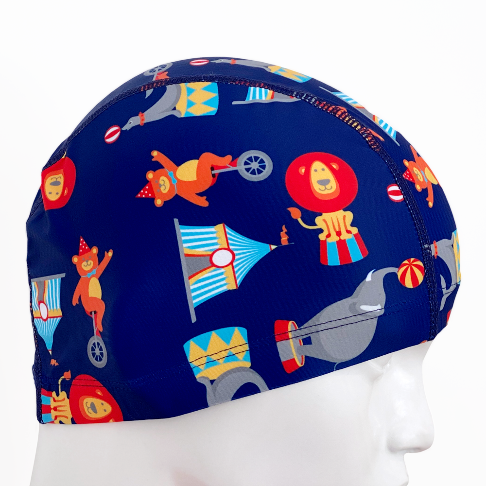 Spurt printed lycra swim cap, Circus on Navy