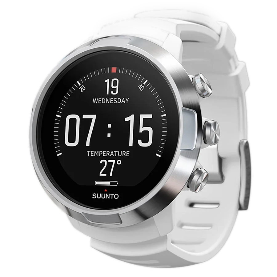 Suunto D5 dive computer with a steel bezel on a white strap, showing depth and compass heading