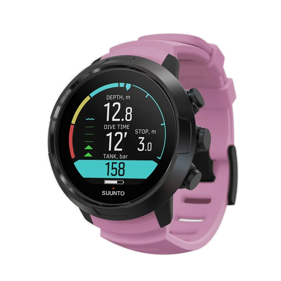 Suunto D5 in wildberry on a matching strap, angled view showing depth, dive time and tank pressure