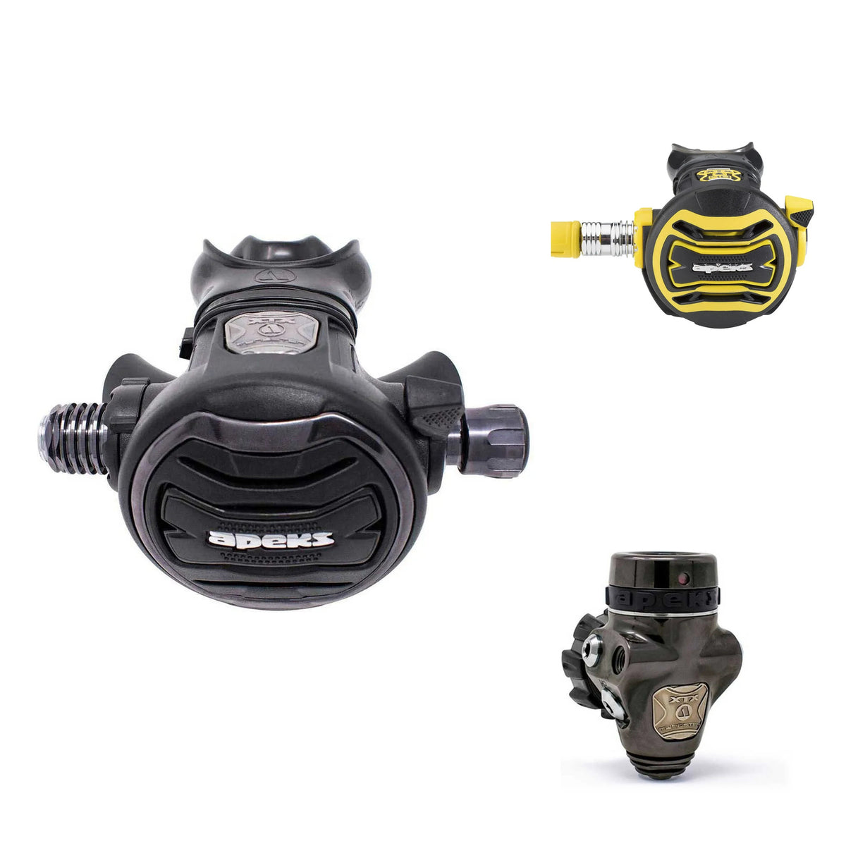 Apeks XTX Tungsten PVD second stage, yellow XTX40 octopus and Tungsten PVD DST first stage