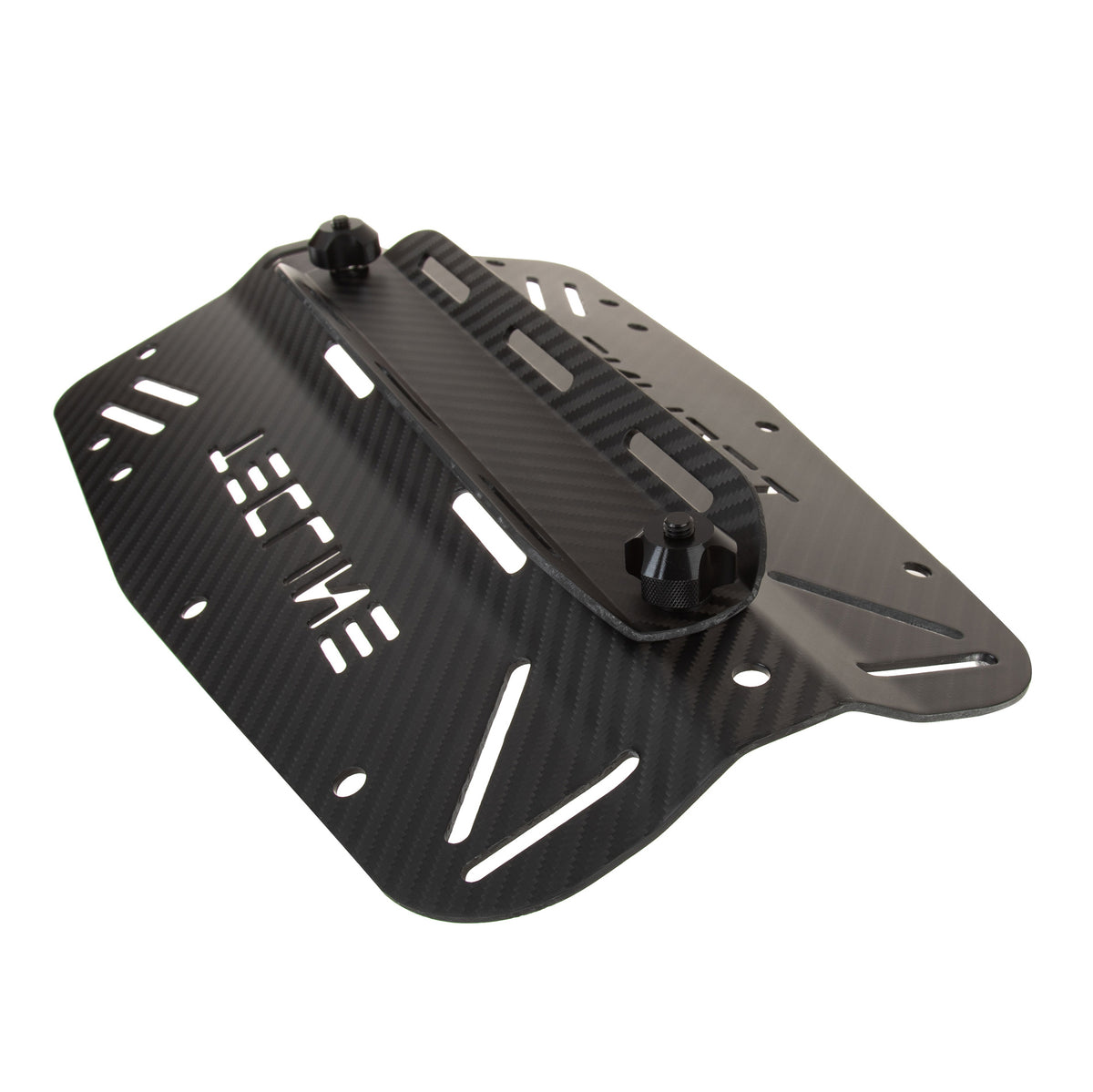 Tecline carbon standard backplate beside its carbon single tank adapter