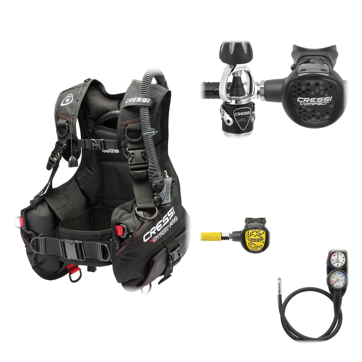 Cressi Start Pro BCD in black, MC9 INT regulator with black Compact second stage, and two-gauge console, with the Compact octopus