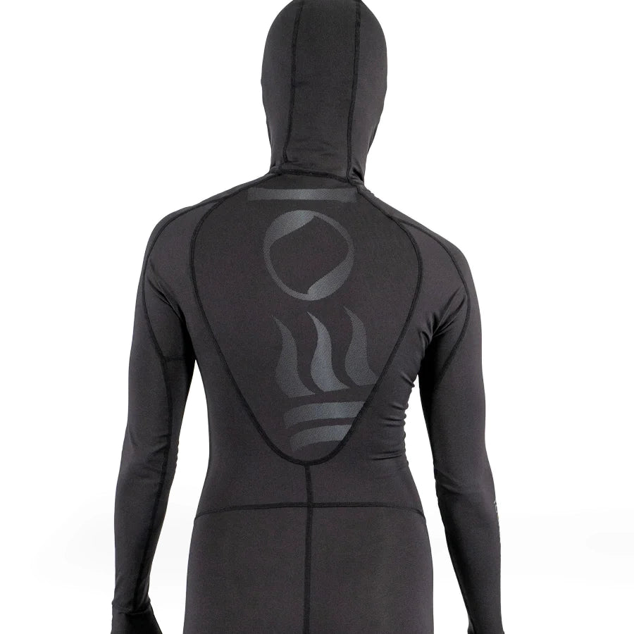 Women's Fourth Element stinger suit in black worn front on with the hood up and integral hand and foot covers