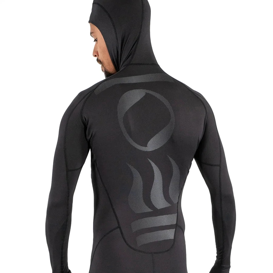 Men's Fourth Element stinger suit in black worn front on with the hood up and integral hand covers
