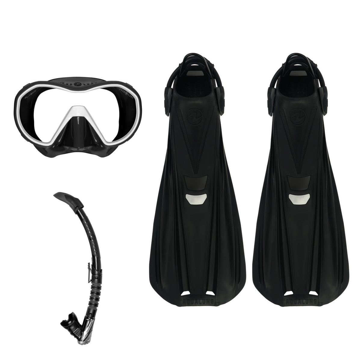 Aqua Lung Storm Max fins in black, Plazma mask in black and white, and Zephyr Flex snorkel in black