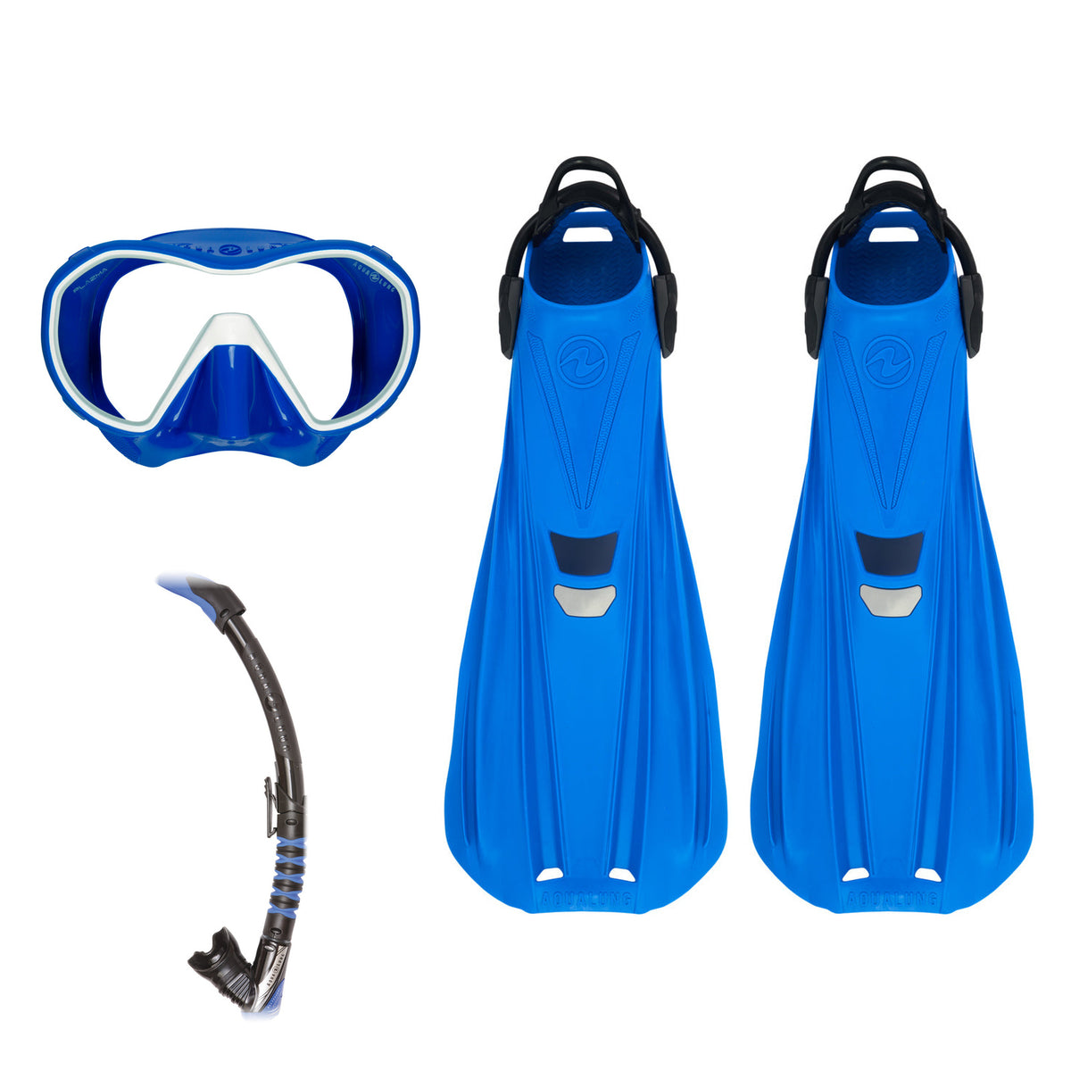 Aqua Lung Storm Max fins in blue, Plazma mask in blue, and Zephyr Flex snorkel in black and blue