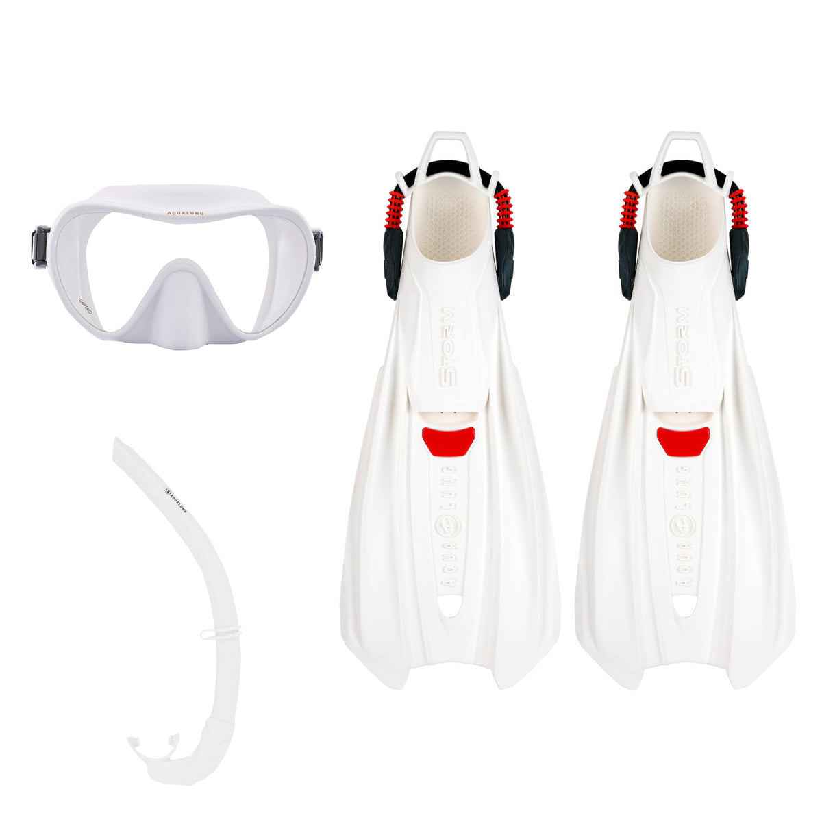 Aqua Lung Storm fins, Nabul mask and Wrap snorkel, all in white