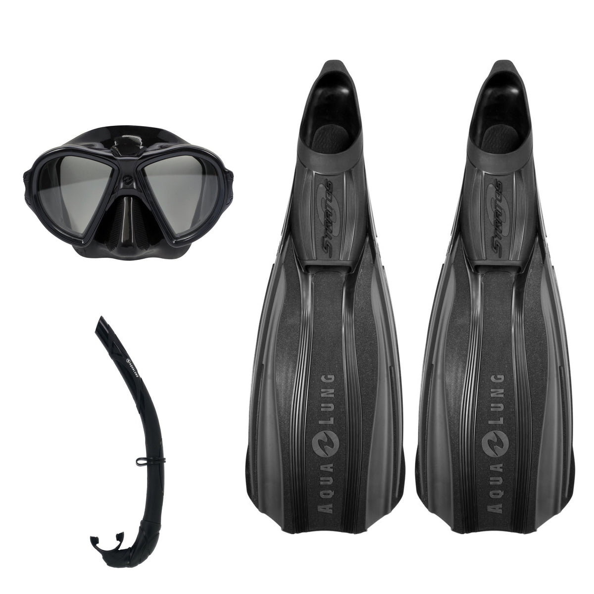 Aqua Lung Stratos 3 fins, Duetto mask and Wrap snorkel, all in black