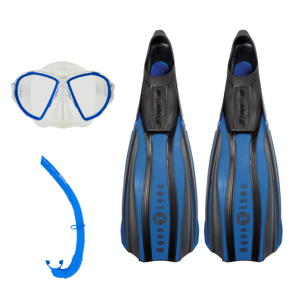 Aqua Lung Stratos 3 fins in blue, Duetto mask in blue on a clear skirt, and Wrap snorkel in blue