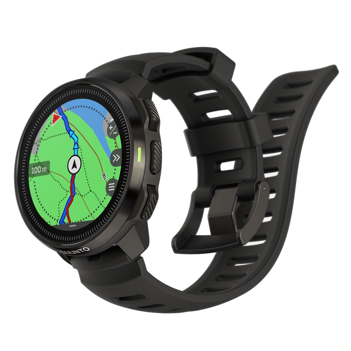 Suunto Ocean shown with its strap laid out, displaying a route map on screen