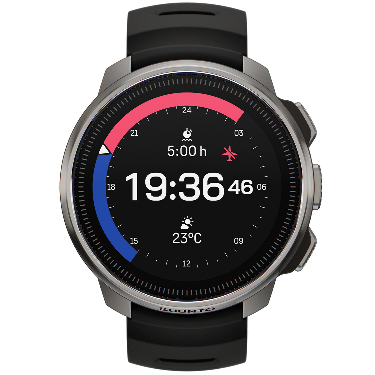 Suunto Ocean with a steel bezel, front view of the analogue watch face