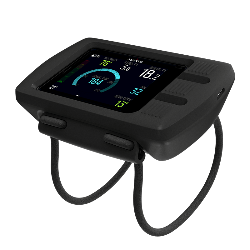 Suunto EON Steel in black on a bungee mount, showing depth and tank pressure