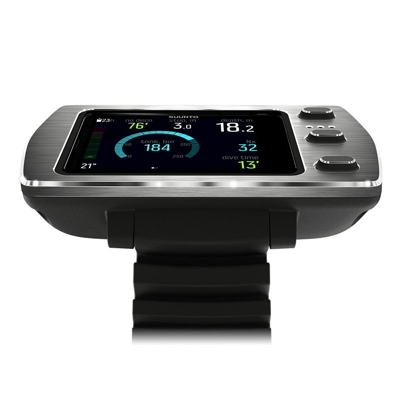 Suunto EON Steel in black on a bungee mount, showing depth and tank pressure