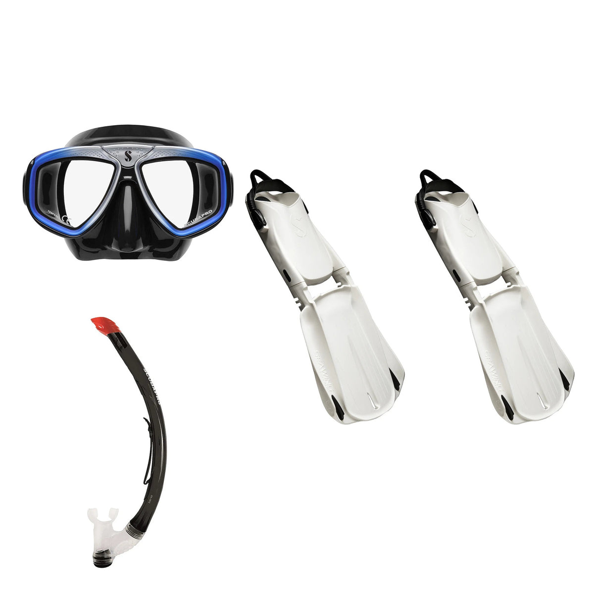SCUBAPRO Zoom mask in black, Vent 2 snorkel in black and Seawing Supernova fins in white
