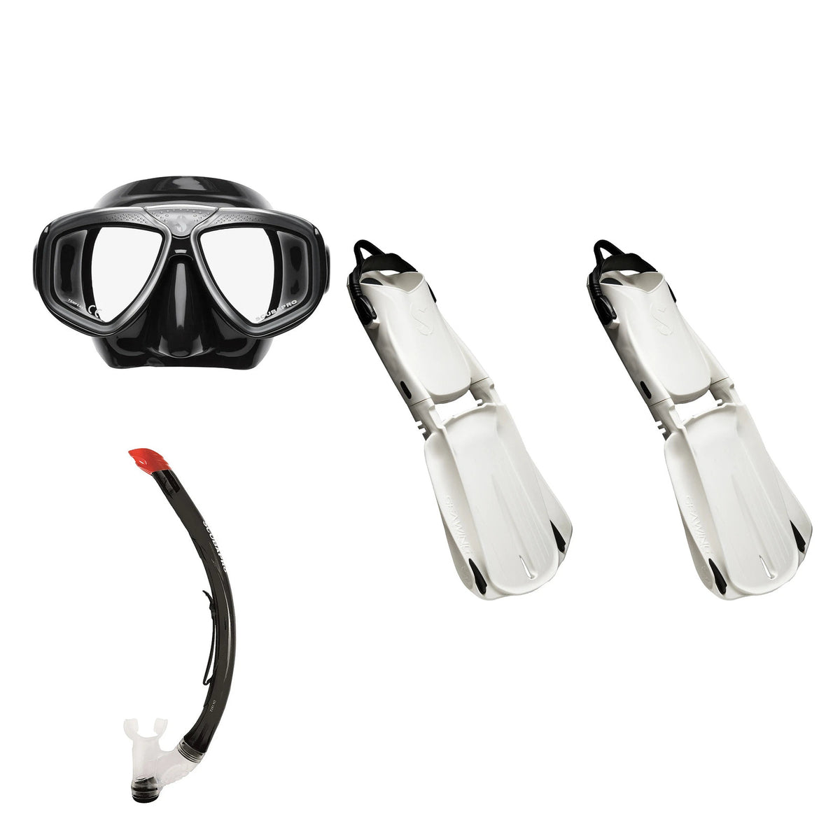 SCUBAPRO Zoom mask in black, Vent 2 snorkel in black and Seawing Supernova fins in white