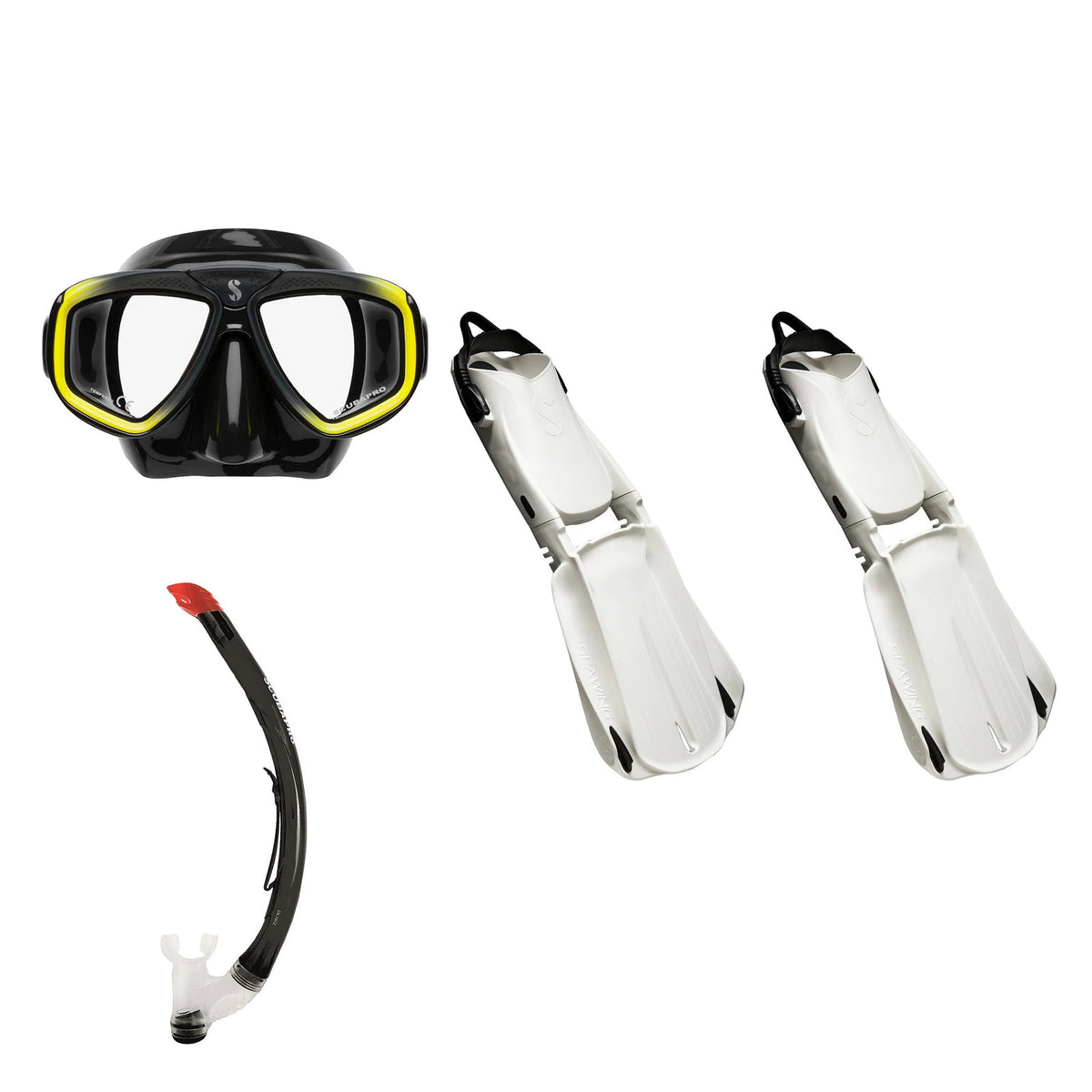 SCUBAPRO Zoom mask in black and yellow, Vent 2 snorkel in black and Seawing Supernova fins in white