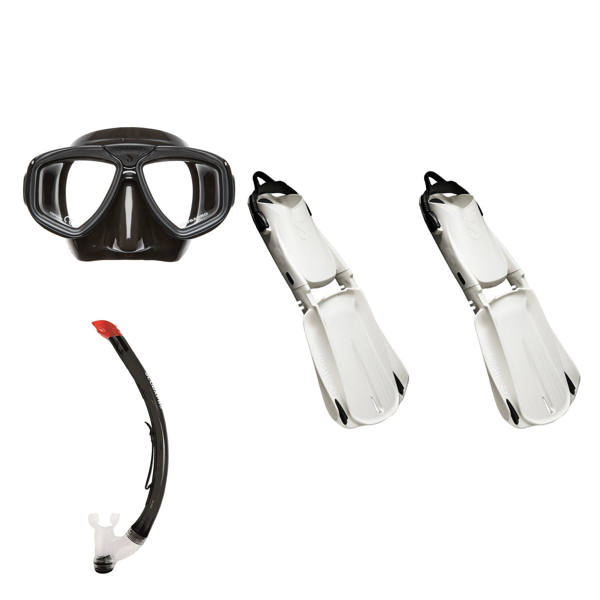 SCUBAPRO Zoom mask in black, Vent 2 snorkel in black and Seawing Supernova fins in white