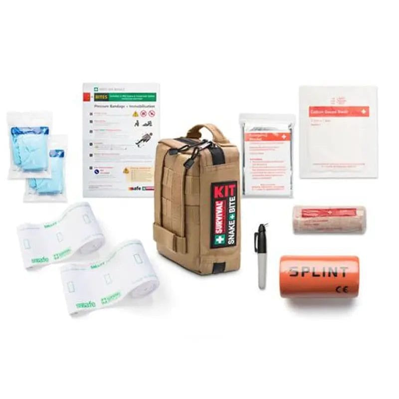 Survival Snake Bite Kit in tan, shown closed and open with the splint and pressure bandages