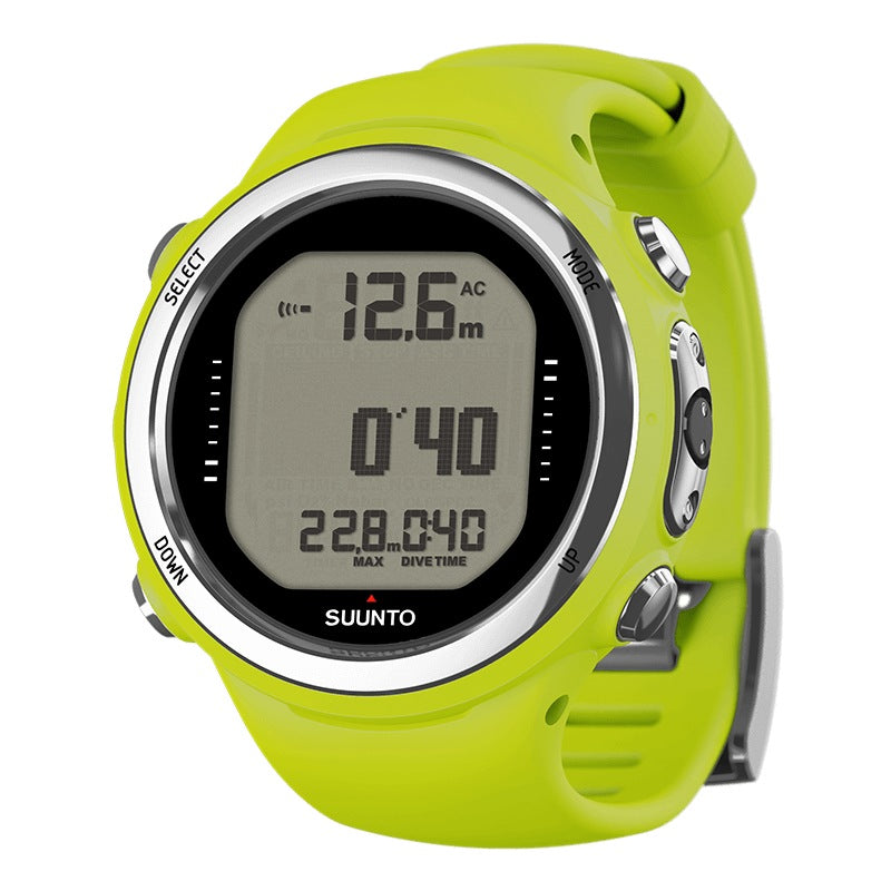 Suunto D4i Novo dive computer in black with a steel bezel, front view showing depth and dive time