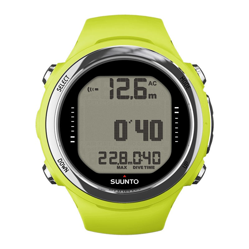 Suunto D4i Novo dive computer in black with a steel bezel, front view showing depth and dive time